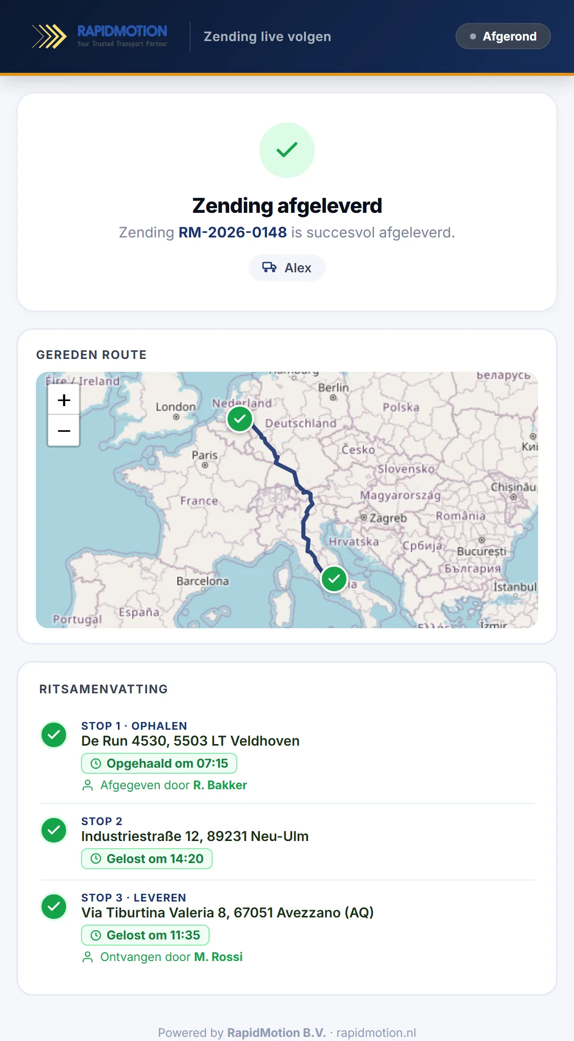 Afleverbewijs: zending afgeleverd, de gereden route op de kaart en per stop de tijd en de naam van wie getekend heeft.