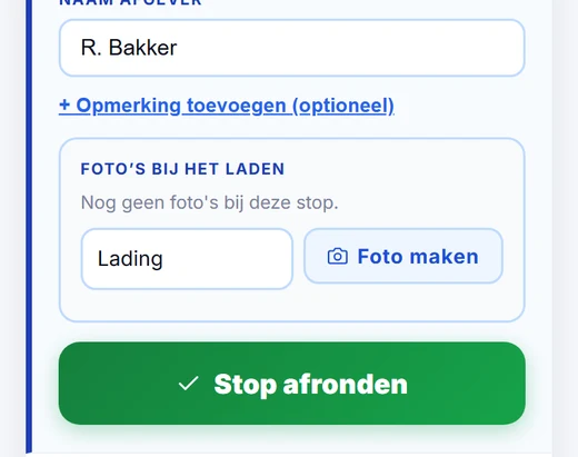 Naam afgever vastleggen en de stop afronden in de chauffeursapp