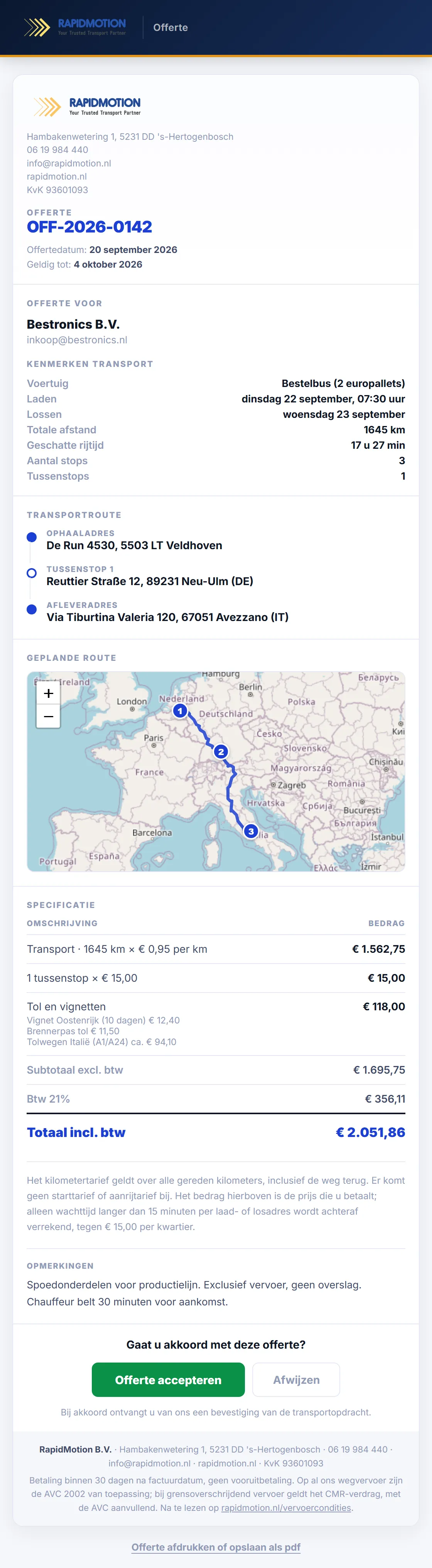 De offerte die de klant ontvangt: kenmerken van het transport, route met tussenstop, kaart, gespecificeerde prijs met tol en vignetten, en de knoppen om akkoord te geven.
