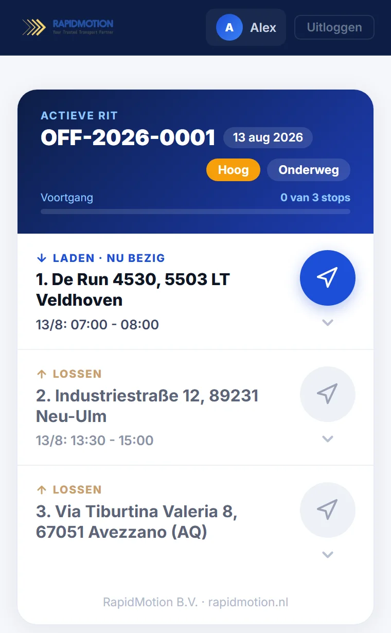 De ingeplande rit in de chauffeursapp: ritnummer, prioriteit, voortgang en alle stops onder elkaar met een navigatieknop per stop.