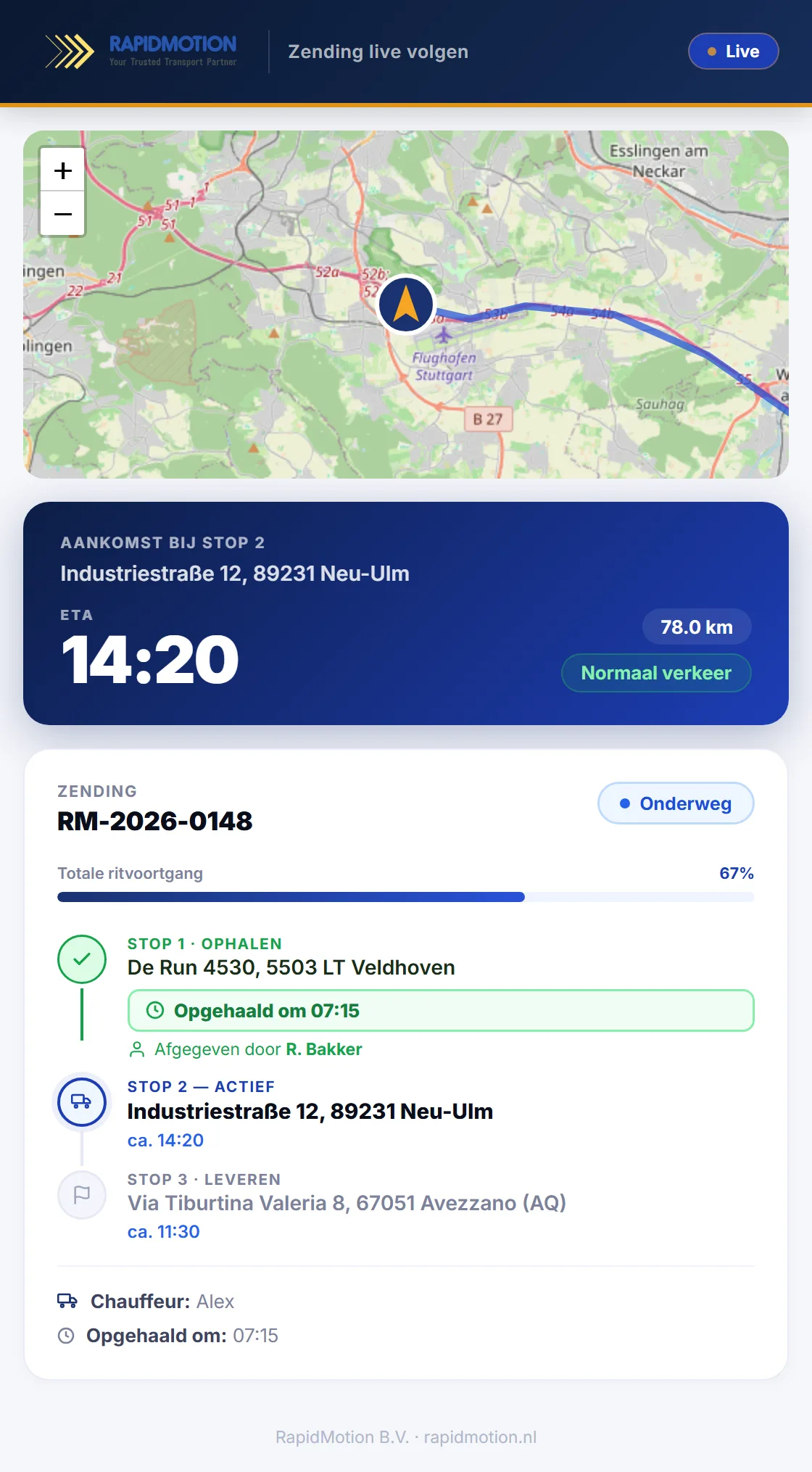 Volglink onderweg: het voertuig live op de kaart, de verwachte aankomsttijd en de stops van de rit.